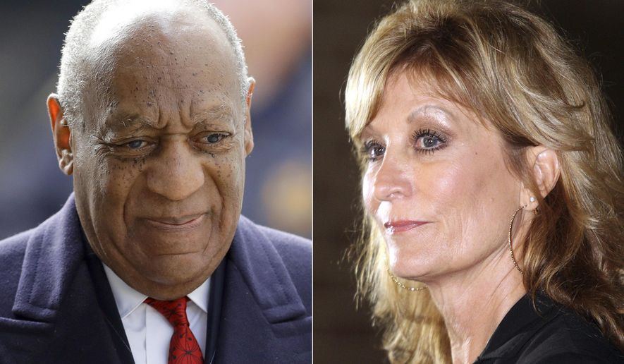 Bill Cosby arrives for his sexual assault trial in Norristown, Pa. on April 20, 2018, left, and Judy Huth appears at a press conference outside the Los Angeles Police Department&#x27;s Wilshire Division station in Los Angeles on Dec. 5, 2014. Eleven months after he was freed from prison, Cosby, 85, will again be the defendant in a sexual assault proceeding, this time a civil case in California. Huth, who is now 64, alleges that in 1975 when she was 16, Cosby sexually assaulted her at the Playboy Mansion. (AP Photo)