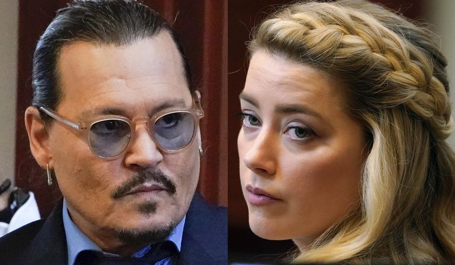 This combination of two separate photos shows actors Johnny Depp, left, and Amber Heard in the courtroom for closing arguments at the Fairfax County Circuit Courthouse in Fairfax, Va., on Friday, May 27, 2022. Depp is suing Heard after she wrote an op-ed piece in The Washington Post in 2018 referring to herself as a &amp;quot;public figure representing domestic abuse.&amp;quot; (AP Photos/Steve Helber, Pool)