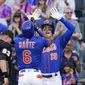 New York Mets&#x27; Starling Marte (6) and Mark Canha (19) celebrate after scoring nf Marte&#x27;s two-run home run during the first inning of the team&#x27;s baseball game against the Washington Nationals, Tuesday, May 31, 2022, in New York. (AP Photo/Mary Altaffer)