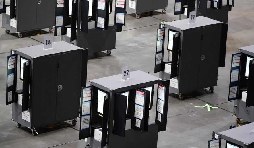 Voting machines fill the floor for early voting at State Farm Arena on Monday, Oct. 12, 2020, in Atlanta. In an advisory sent to state election officials, and obtained by The Associated Press in advance of its expected release on Friday, June 3, 2022, the nation’s leading cybersecurity agency says that electronic voting machines from a leading vendor used in at least 16 states have software vulnerabilities. The U.S. Cybersecurity and Infrastructure Agency, or CISA, said there is no evidence the flaws in the Dominion Voting Systems’ equipment have been exploited to alter election results. (AP Photo/Brynn Anderson, File)