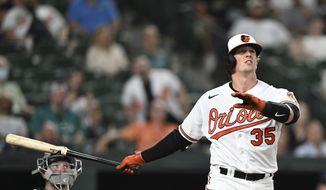 Baltimore Orioles&#39; Adley Rutschman bats against the Seattle Mariners in a baseball game Tuesday, May 31, 2022, in Baltimore. (AP Photo/Gail Burton) **FILE**