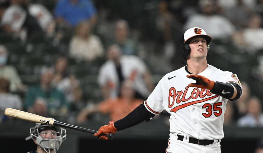 Baltimore Orioles&#x27; Adley Rutschman bats against the Seattle Mariners in a baseball game Tuesday, May 31, 2022, in Baltimore. (AP Photo/Gail Burton) **FILE**