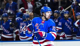 New York Rangers&#39; Filip Chytil (72) celebrates after scoring a goal against the Tampa Bay Lightning during the second period of Game 1 of the NHL hockey Stanley Cup playoffs Eastern Conference finals Wednesday, June 1, 2022, in New York. (AP Photo/Frank Franklin II) **FILE**
