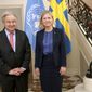 Sweden&#39;s Prime Minister Magdalena Andersson, right, welcomes UN Secretary-General Antonio Guterres in Stockholm, Sweden on Wednesday June 1, 2022, ahead of their meeting. (Soren Andersson/TT via AP)