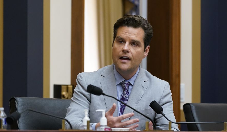 Rep. Matt Gaetz, R-Fla., makes a point from the Republican side as the House Judiciary Committee holds an emergency meeting to advance a series of Democratic gun control measures, called the Protecting Our Kids Act, in response to mass shootings in Texas and New York, at the Capitol in Washington, Thursday, June 2, 2022. (AP Photo/J. Scott Applewhite)