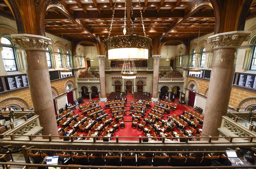 The Assembly Chamber is pictured during a legislative session at the state Capitol on the last scheduled day of the 2022 legislative session Thursday, June 2, 2022, in Albany, N.Y. (AP Photo/Hans Pennink)