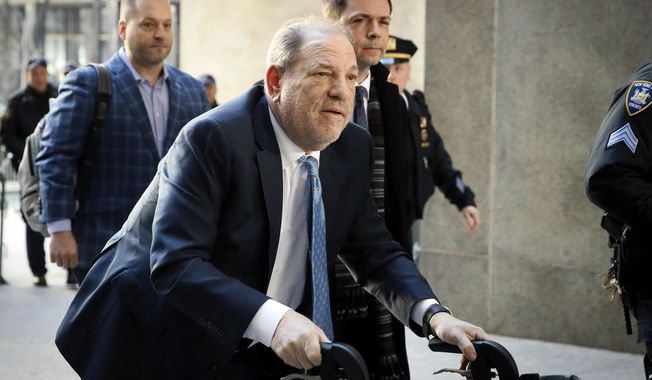 Harvey Weinstein arrives at a Manhattan courthouse as jury deliberations continue in his rape trial in New York, on Feb. 24, 2020. A New York appellate court on Thursday, June 2, 2022, has upheld Weinstein&#x27;s rape conviction, rejecting the disgraced movie mogul&#x27;s claims that the judge at the landmark #MeToo trial prejudiced him by allowing women to testify about allegations that weren&#x27;t part of the criminal case. (AP Photo/John Minchillo, File)