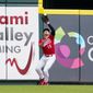 Cincinnati Reds center fielder Nick Senzel (15) catches a fly ball hit by Washington Nationals&#39; Juan Soto during the first inning of a baseball game Saturday, June 4, 2022, in Cincinnati. (AP Photo/Jeff Dean)