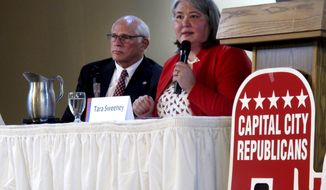 Republican Tara Sweeney, right, speaks Monday, May 16, 2022, at a forum in Juneau, Alaska, that was also attended by three other Republican candidates for Alaska&#39;s U.S. House seat, including John Coghill, left. Sweeney and Coghill are among 48 candidates in a June 11 special primary for the House seat left vacant by the death earlier this year of Republican Rep. Don Young. (AP Photo/Becky Bohrer)
