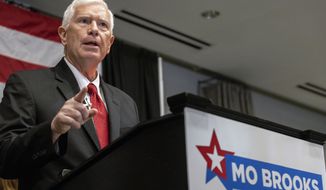 FILE - Mo Brooks speaks to supporters at his watch party for the Republican nomination for U.S. Senator of Alabama at the Huntsville Botanical Gardens, Tuesday, May 24, 2022, in Huntsville, Ala. Brooks is asking former President Donald Trump to back him once again in Alabama&#39;s Senate race, a request that comes two months after a feud caused Trump to revoke his endorsement of the congressman. (AP Photo/Vasha Hunt, File)