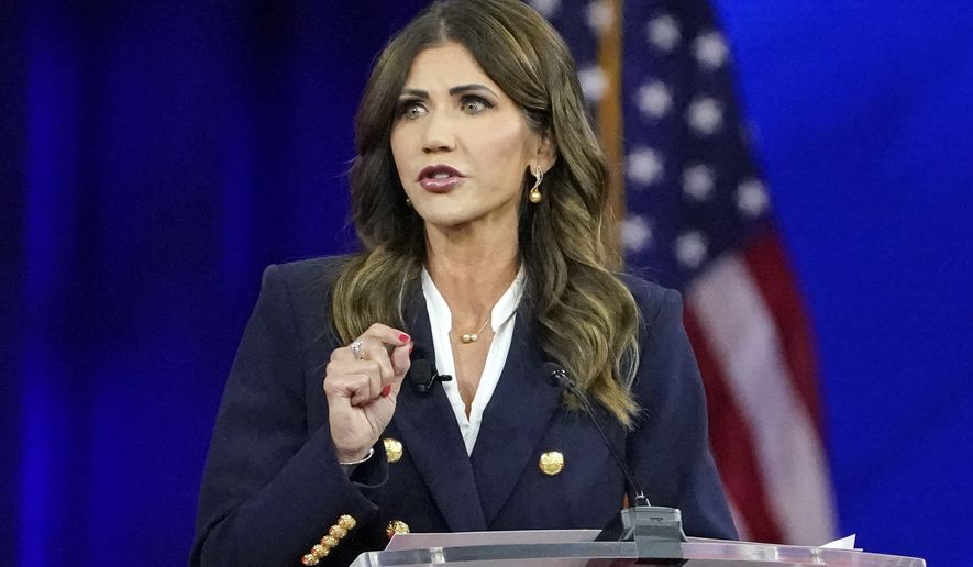South Dakota Gov. Kristi Noem, speaks Feb. 25, 2022, in Orlando, Fla. Noem, who is considered a potential White House prospect, is favored to win the GOP nomination during the 2022 Republican primary on Tuesday, June 7. (AP Photo/John Raoux File)