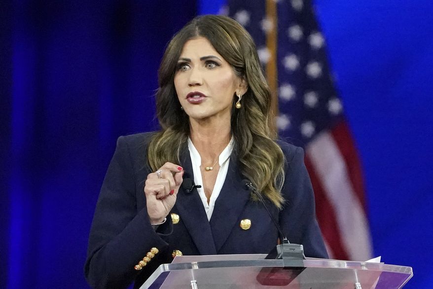 South Dakota Gov. Kristi Noem, speaks Feb. 25, 2022, in Orlando, Fla. Noem, who is considered a potential White House prospect, is favored to win the GOP nomination during the 2022 Republican primary on Tuesday, June 7. (AP Photo/John Raoux File)