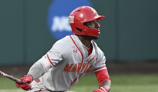 Maryland&#39;s Chris Alleyne at bat against UConn during the NCAA Division 1 regional playoff baseball tournament game, Saturday, June 4, 2022 in College Park, Md. (AP Photo/Gail Burton) **FILE**