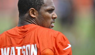 Cleveland Browns quarterback Deshaun Watson stands on the field during an NFL football practice at the team&#39;s training facility Wednesday, June 1, 2022, in Berea, Ohio. (AP Photo/David Richard) **FILE**