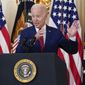 President Joe Biden speaks before signing into law nine bipartisan bills that will honor and improve care for America&#x27;s veterans during an event in the State Dining room of the White House in Washington, Tuesday, June 7, 2022. (AP Photo/Susan Walsh)
