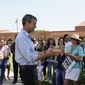 Beto O&#39;Rourke, Democratic candidate for Texas governor, addresses a crowd about supporting teachers at a campaign event, Tuesday, June 7, 2022, in Brownsville, Texas.(Denise Cathey/The Brownsville Herald via AP)