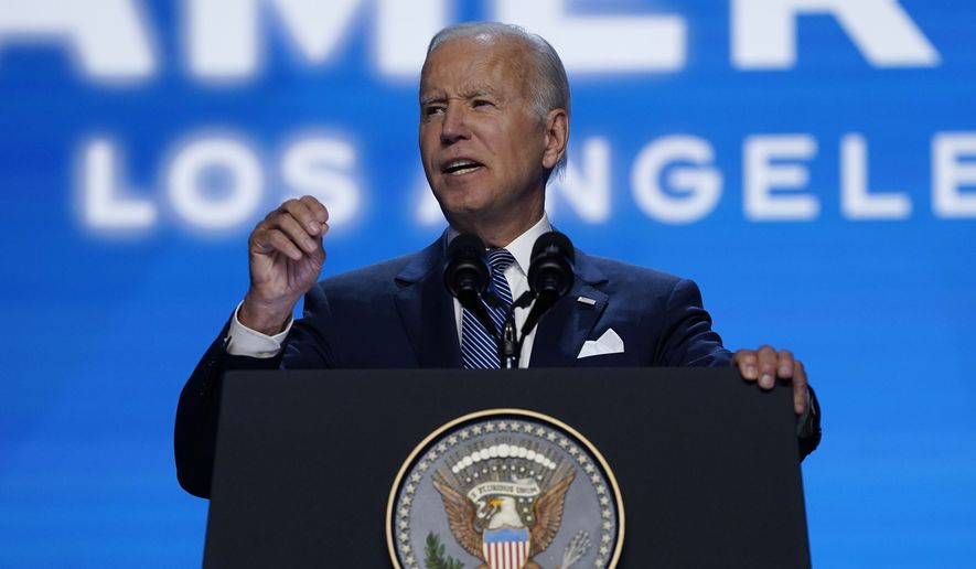 President Joe Biden speaks during the inaugural ceremony of the Summit of the Americas, Wednesday, June 8, 2022, in Los Angeles. (AP Photo/Evan Vucci)