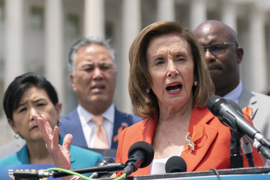 House Speaker Nancy Pelosi of Calif., together with other Democratic leaders, speaks during a news conference on Capitol Hill in Washington, Wednesday, June 8, 2022. (AP Photo/Manuel Balce Ceneta)