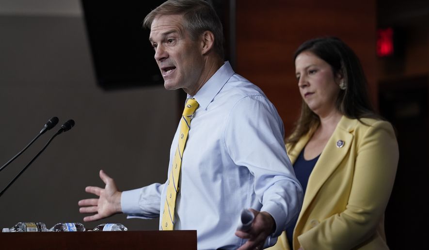 Rep. Jim Jordan, R-Ohio, the top Republican on the Judiciary Committee, and House Republican Conference Chair Elise Stefanik, R-N.Y., right, speak to reporters following a Republican Conference meeting at the Capitol in Washington, Wednesday, June 8, 2022. (AP Photo/J. Scott Applewhite)