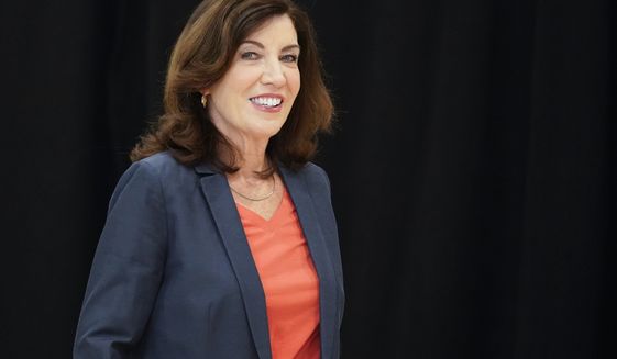 New York Gov. Kathy Hochul arrives for a a ceremony where the governor signed a package of bills to strengthen gun laws, Monday, June 6, 2022, in New York. (AP Photo/Mary Altaffer)