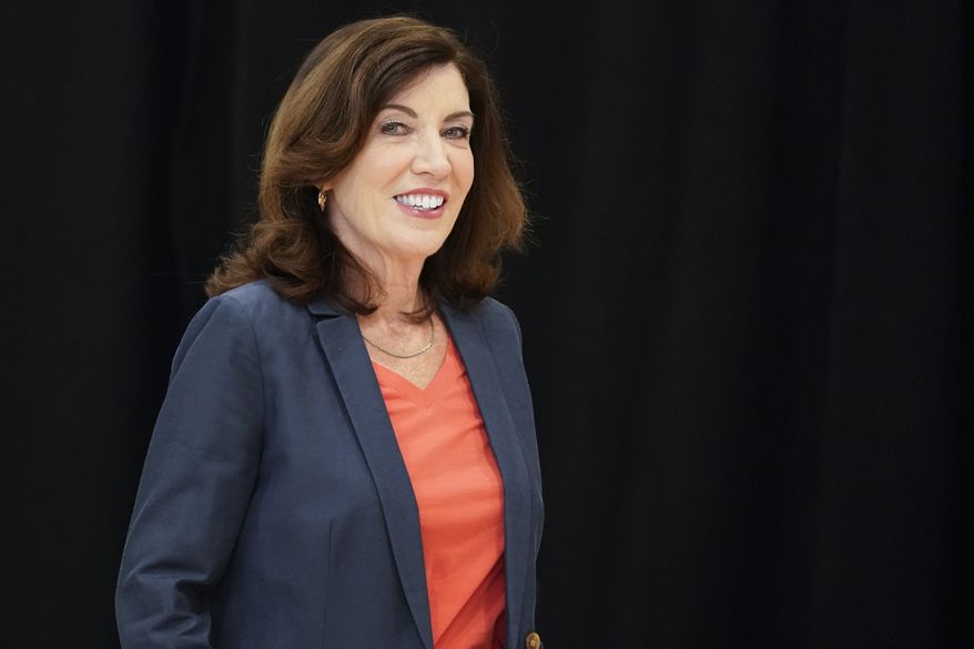 New York Gov. Kathy Hochul arrives for a a ceremony where the governor signed a package of bills to strengthen gun laws, Monday, June 6, 2022, in New York. (AP Photo/Mary Altaffer)