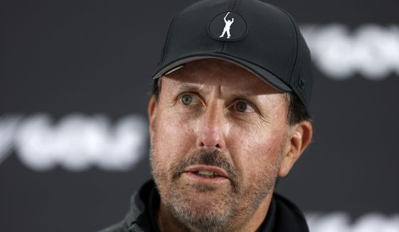 Phil Mickelson attends a press conference at the Centurion Club, Hertfordshire, England, ahead of the LIV Golf Invitational Series, Wednesday June 8, 2022. (Steven Paston/PA via AP)