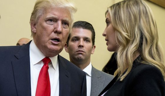 Donald Trump, left, his son Donald Trump Jr., center, and his daughter Ivanka Trump speak during the unveiling of the design for the Trump International Hotel in the The Old Post Office, in Washington, on  Sept. 10, 2013. The former, his namesake son and his daughter have agreed to answer questions under oath next month in the New York attorney general&#39;s civil investigation into his business practices, unless their lawyers persuade the state&#39;s highest court to step in. A Manhattan judge signed off Wednesday, June 8, 2022, on an agreement that calls for the Trumps to give depositions — a legal term for sworn, pretrial testimony out of court — starting July 15. (AP Photo/Manuel Balce Ceneta) **FILE**