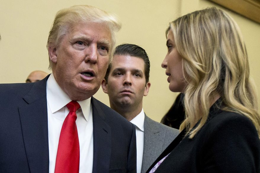 Donald Trump, left, his son Donald Trump Jr., center, and his daughter Ivanka Trump speak during the unveiling of the design for the Trump International Hotel in the The Old Post Office, in Washington, on  Sept. 10, 2013. The former, his namesake son and his daughter have agreed to answer questions under oath next month in the New York attorney general&#39;s civil investigation into his business practices, unless their lawyers persuade the state&#39;s highest court to step in. A Manhattan judge signed off Wednesday, June 8, 2022, on an agreement that calls for the Trumps to give depositions — a legal term for sworn, pretrial testimony out of court — starting July 15. (AP Photo/Manuel Balce Ceneta) **FILE**