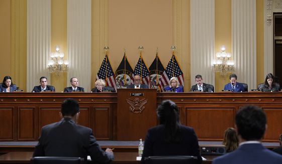 The House select committee tasked with investigating the January 6th attack on the Capitol meets to hold one of former President Donald Trump&#39;s allies in contempt, former strategist Steve Bannon, on Capitol Hill in Washington, Oct. 19, 2021. From left to right, Rep. Stephanie Murphy, D-Fla., Rep. Pete Aguilar, D-Calif., Rep. Adam Schiff, D-Calif., Rep. Zoe Lofgren, D-Calif., Chairman Bennie Thompson, D-Miss., Vice Chair Liz Cheney, R-Wyo., Rep. Adam Kinzinger, R-Ill., Rep. Jamie Raskin, D-Md., and Rep. Elaine Luria, D-Va. (AP Photo/J. Scott Applewhite, File)