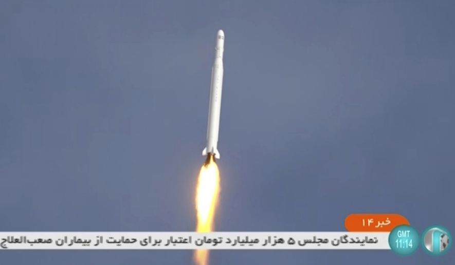 This image taken from video footage aired by Iranian state television March 8, 2022, shows the launch of a rocket by Iran&#39;s Revolutionary Guard carrying a Noor-2 reconnaissance satellite in the northeastern Shahroud Desert of Iran as U.S. intelligence agencies warn Tehran could seek 90% enrichment if negotiations to restore Iran’s nuclear deal fail. (Iranian state television via AP, File)