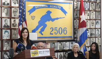 Florida Lt. Gov. Jeanette Nunez, left, speaks at a news conference along with Cuban exiles, of their concern of the sale of two local Spanish language radio stations, Wednesday, June 8, 2022, at the Bay of Pigs Museum and Brigade 2506 headquarters in Miami&#39;s Little Havana neighborhood. Cuban exiles describe it as a clear attempt by Democrats to stifle conservative and anti-Communist voices in a Hispanic community where they&#39;ve lost ground. (AP Photo/Wilfredo Lee)