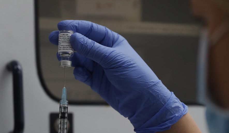 A vial of the Phase 3 Novavax coronavirus vaccine is seen ready for use in the trial at St. George&#x27;s University hospital in London, Oct. 7, 2020. The Novavax COVID-19 vaccine that could soon win federal approval may offer a boost for the U.S. military: an opportunity to get shots into some of the thousands of service members who have refused the vaccine for religious reasons. (AP Photo/Alastair Grant, File)