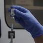 A vial of the Phase 3 Novavax coronavirus vaccine is seen ready for use in the trial at St. George&#39;s University hospital in London, Oct. 7, 2020. The Novavax COVID-19 vaccine that could soon win federal approval may offer a boost for the U.S. military: an opportunity to get shots into some of the thousands of service members who have refused the vaccine for religious reasons. (AP Photo/Alastair Grant, File)