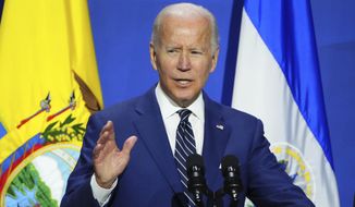 President Joe Biden speaks during a meeting on migration at the Summit of the Americas in Los Angeles on Friday, June 10, 2022. (Sean Kilpatrick/The Canadian Press via AP)