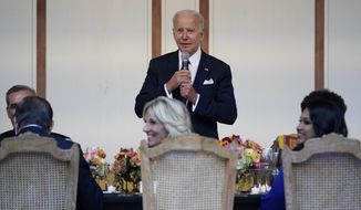 President Joe Biden delivers a toast as he and first lady Jill Biden host a dinner during the Summit of the Americas, Thursday, June 9, 2022, in Los Angeles. (AP Photo/Evan Vucci)