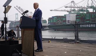 President Joe Biden speaks about inflation and supply chain issues at the Port of Los Angeles, Friday, June 10, 2022, in Los Angeles. (AP Photo/Evan Vucci)
