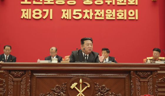 In this photo provided on Saturday, June 11, 2022 by the North Korean government, North Korean leader Kim Jong Un, center, attends a plenary meeting of the ruling Workers’ Party’s Central Committee held during June 8 - June 10, 2022 in Pyongyang, North Korea. Independent journalists were not given access to cover the event depicted in this image distributed by the North Korean government. The content of this image is as provided and cannot be independently verified. Korean language watermark on image as provided by source reads: &amp;quot;KCNA&amp;quot; which is the abbreviation for Korean Central News Agency. (Korean Central News Agency/Korea News Service via AP)