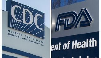 This combination of 2022 and 2020 file photos shows logos for the U.S. Centers for Disease Control and Prevention and the Food and Drug Administration. (AP Photo/Ron Harris, Manuel Balce Ceneta, File)