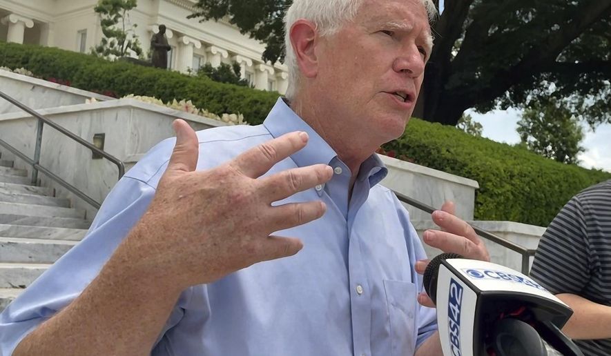 U.S. Rep. Mo Brooks speaks with reporters outside the Alabama Capitol Friday, June 10, 2022 in Montgomery, Ala. Brooks faces Katie Britt in the June 21, 2022 runoff for the Republican nomination for the U.S. Senate seat being vacated by retiring U.S. Sen. Richard Shelby. (AP Photo/Kim Chandler)