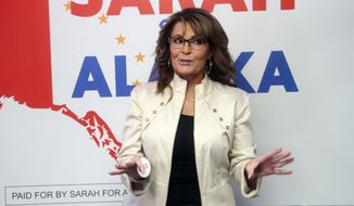 Former Alaska Gov. Sarah Palin addresses supporters at the opening of her new campaign headquarters in Anchorage, Alaska, on Wednesday, April 20, 2022. Voters are whittling down the list of 48 candidates running for Alaska&#x27;s only U.S. House seat, with the top four vote-getters in a special primary on Saturday, June 11, advancing to an August special election. (AP Photo/Mark Thiessen,File)