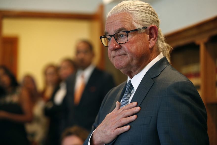 FILE - Attorney Leslie Mark Stovall, who represents Kathryn Mayorga, of Nevada, who is alleging Ronaldo raped her in Las Vegas in 2009, speaks during a news conference on Oct. 3, 2018, in Las Vegas. Mayorga has lost her bid in a U.S. court to force international soccer star Cristiano Ronaldo to pay millions of dollars more than the $375,000 in hush money she received after claiming he raped her in Las Vegas in 2009. U.S. District Judge Jennifer Dorsey kicked the case out of court on Friday, June 10, 2022, to punish the woman’s attorney, Leslie Mark Stovall, for “bad-faith conduct” and the use of “purloined” confidential documents that the judge said tainted the case beyond redemption. (AP Photo/John Locher, File)