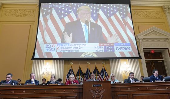 A video of former President Donald Trump speaking is displayed as the House select committee investigating the Jan. 6 attack on the U.S. Capitol continues to reveal its findings of a year-long investigation, at the Capitol in Washington, Monday, June 13, 2022. (AP Photo/Susan Walsh)