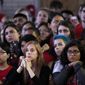 Students listen as then-former U.S. Vice President Joe Biden delivers remarks at Rutgers University on Thursday, Oct. 12, 2017, in New Brunswick, N.J. (AP Photo/Julio Cortez)