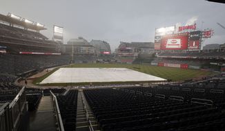 Nationals Park is viewed during a rain delay before a baseball game between the Washington Nationals and the Atlanta Braves, Monday, June 13, 2022, in Washington. (AP Photo/Luis M. Alvarez)