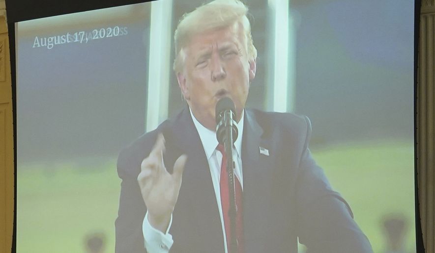 A video of former President Donald Trump speaking is displayed as the House select committee investigating the Jan. 6 attack on the U.S. Capitol continues to reveal its findings of a year-long investigation, at the Capitol in Washington, Monday, June 13, 2022. (Mandel Ngan/Pool via AP)