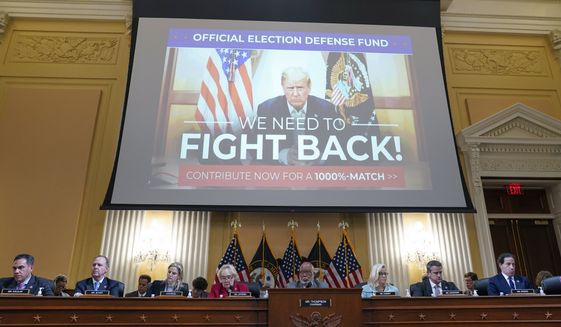 A video exhibit showing former President Donald Trump plays as the House select committee investigating the Jan. 6 attack on the U.S. Capitol continues to reveal its findings of a year-long investigation, at the Capitol in Washington, Monday, June 13, 2022. (AP Photo/Susan Walsh)