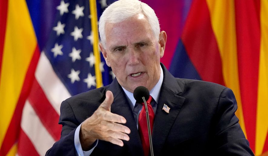 Former Vice President Mike Pence speaks on border security following a border tour, Monday, June 13, 2022, in Phoenix. (AP Photo/Matt York)
