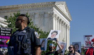 Abortion-rights protesters hold up images of Supreme Court Justices during a demonstration outside the U.S. Supreme Court in Washington, Monday, June 13, 2022. (AP Photo/Gemunu Amarasinghe)