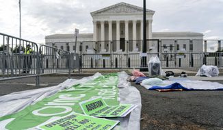 Placards supporting abortion rights are placed outside U.S Supreme Court building in Washington, Monday, June 13, 2022. (AP Photo/Gemunu Amarasinghe)