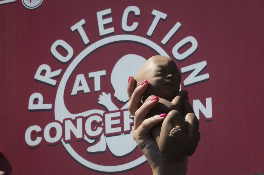 A plastic fetus is held aloft during anti-abortion protests at the Supreme Court in Washington, Monday, June 13, 2022. (AP Photo/Cliff Owen)